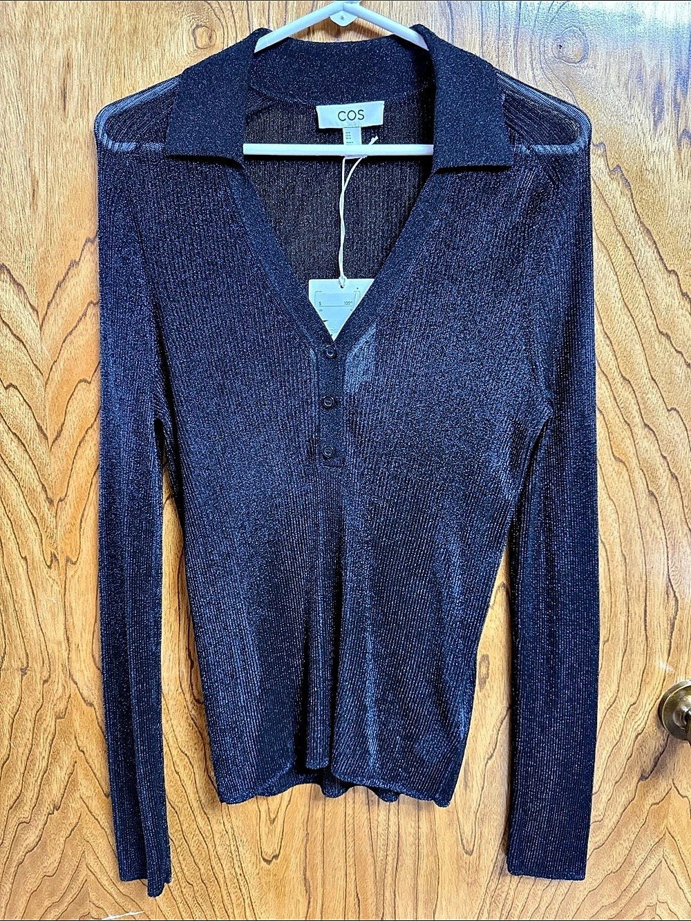 COS Sparkly Ribbed-Knit Polo Shirt Long Sleeve Top Black